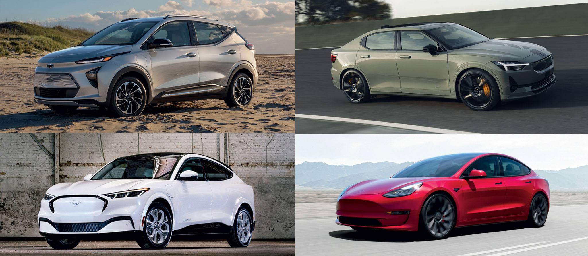 Essai de quatre véhicules électriques : Chevrolet Bolt EUV, Ford Mustang Mach-E, Polestar 2 et Tesla Model 3